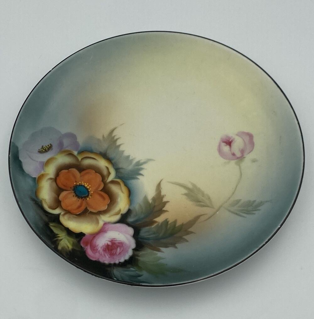 ThiPorcelain Floral Decorative Plate Hand-Painted Blue Rim 10in Round Vintage